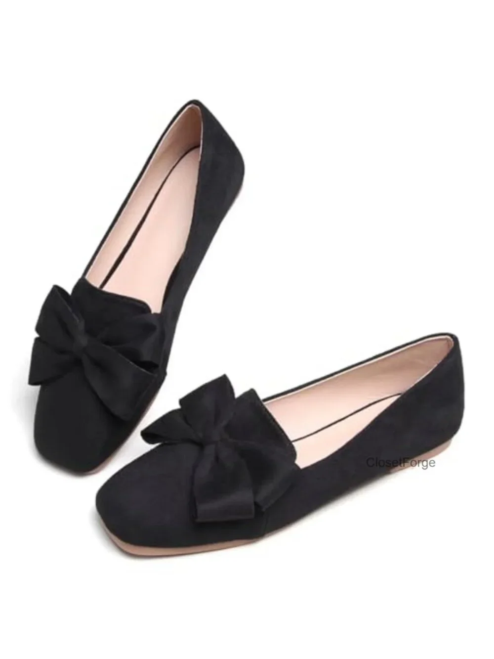 Faux Suede Square Toe Ballet Flats with Bows, Cushioned Latex Insole